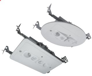 Round and rectangular recessed emergency light options with dual LED heads and ceiling mounting rails