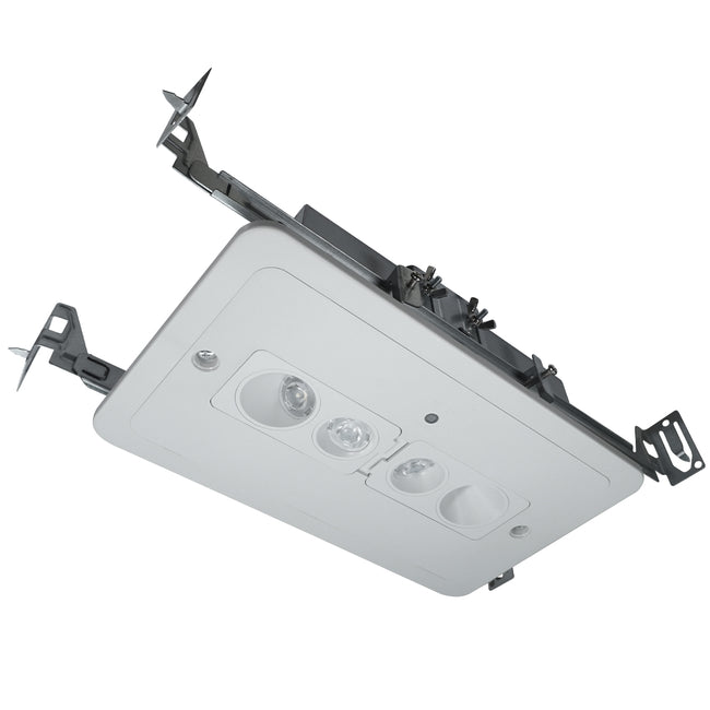 Recessed architectural emergency light, rectangular trim, dual adjustable LED heads, new-construction mounting rails