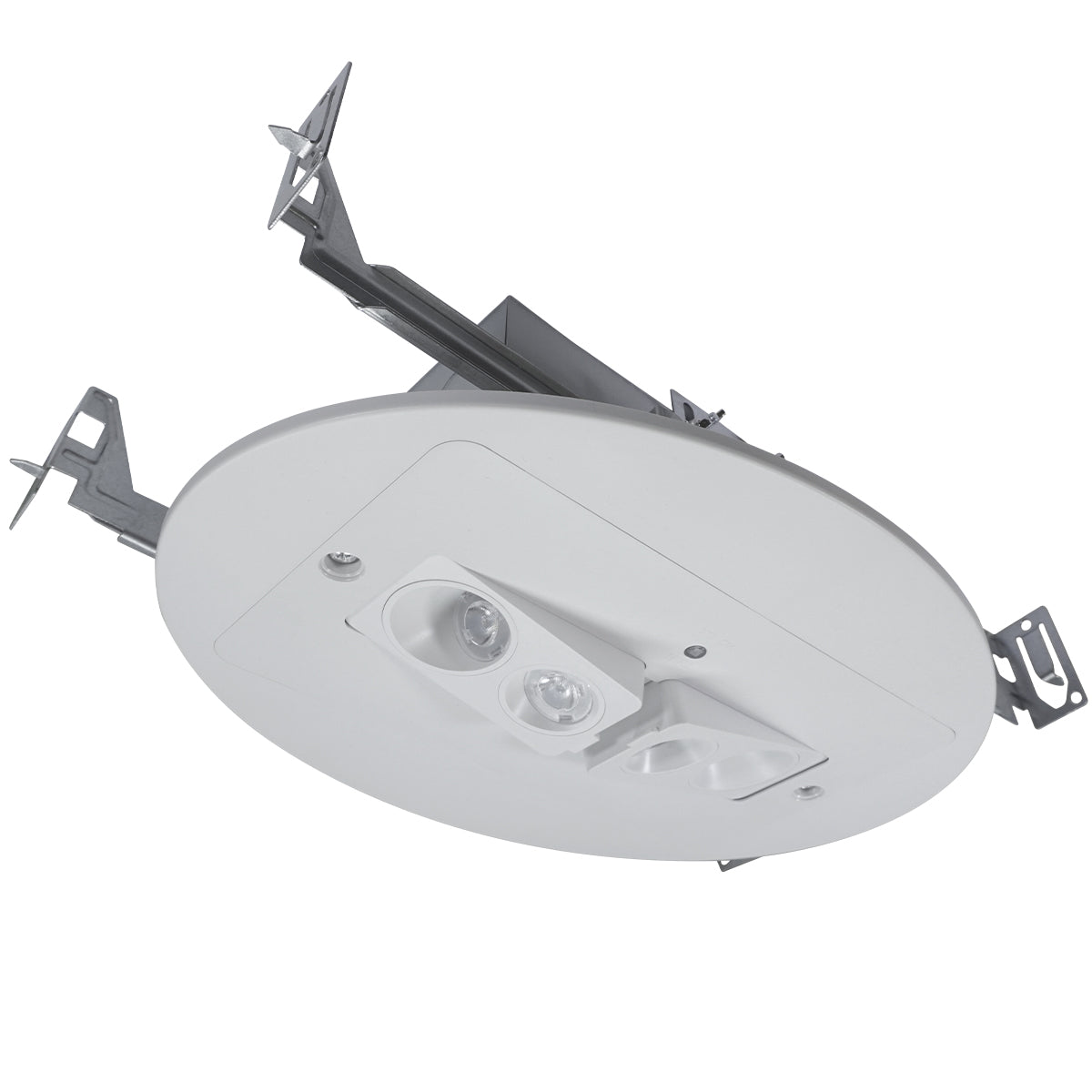 Recessed architectural emergency light, round trim, dual adjustable LED heads, new-construction mounting rails