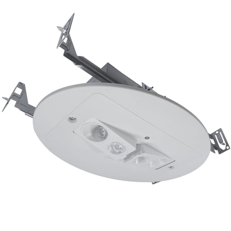 Recessed architectural emergency light, round trim, dual adjustable LED heads, new-construction mounting rails