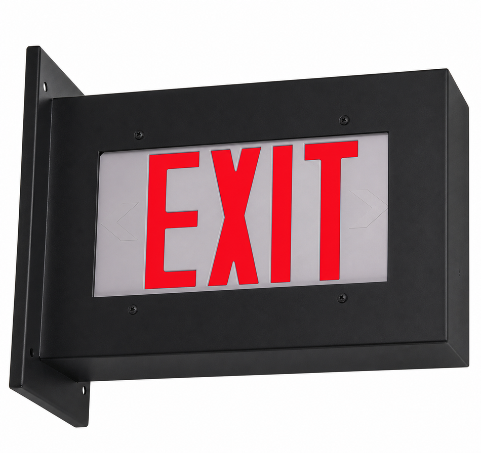 Black finish high-abuse LED exit sign with red EXIT letters and tamper-resistant bezel