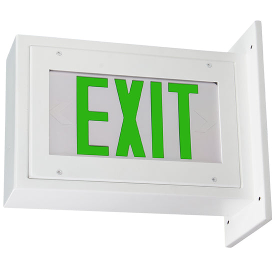 Green High-abuse LED exit sign – front view with polycarbonate lens and tamper-resistant bezel