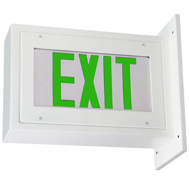 Green High-abuse LED exit sign – front view with polycarbonate lens and tamper-resistant bezel