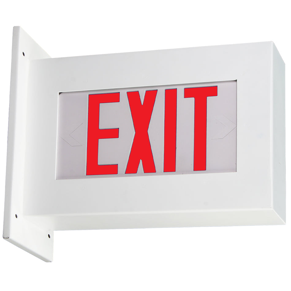 Red Impact-resistant exit sign – angled view showing rugged steel housing and side mounting