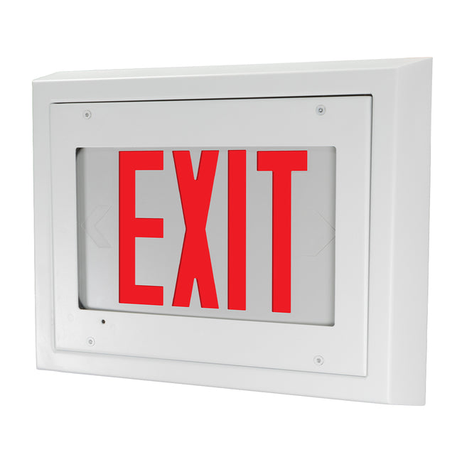 Red Ligature-resistant LED exit sign – front view with tamper-proof polycarbonate lens