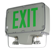 Green-letter exit sign combo with arrows and dual emergency lights, gray gasketed housing, angled view