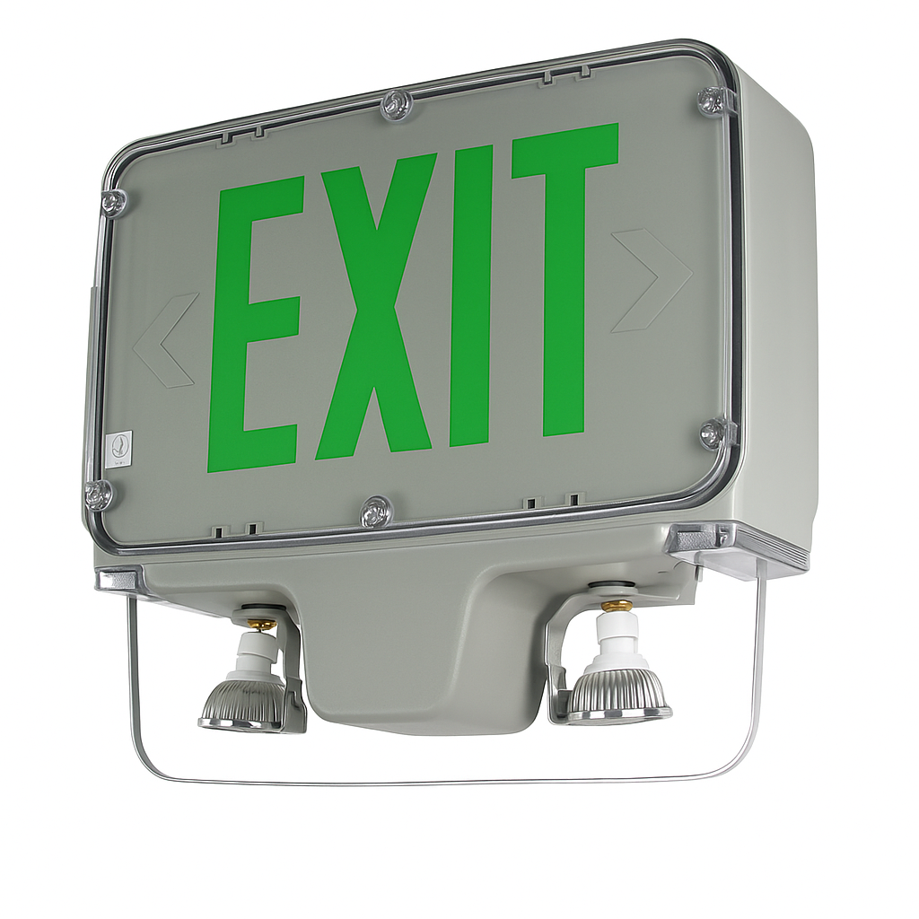 Green-letter exit sign combo with arrows and dual emergency lights, gray gasketed housing, angled view