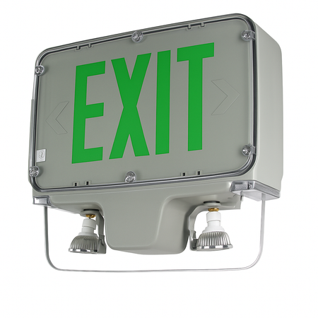 Green-letter exit sign combo with arrows and dual emergency lights, gray gasketed housing, angled view