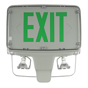 Front view of weatherproof exit sign combo—green EXIT with arrows and dual adjustable emergency lights, gray gasketed housing