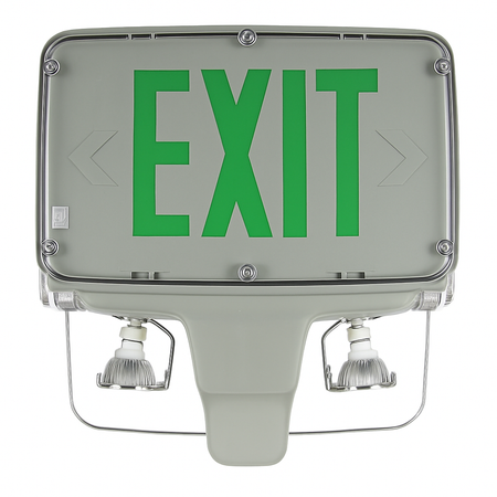 Front view of weatherproof exit sign combo—green EXIT with arrows and dual adjustable emergency lights, gray gasketed housing