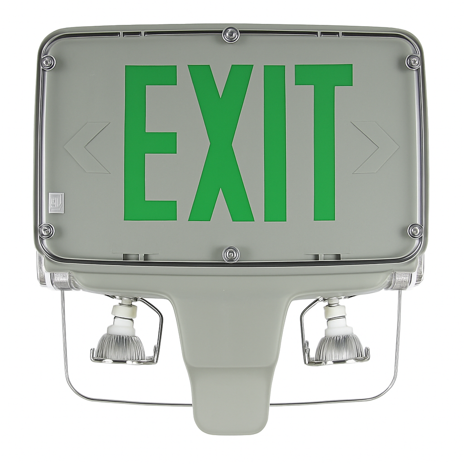 Front view of weatherproof exit sign combo—green EXIT with arrows and dual adjustable emergency lights, gray gasketed housing