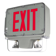 Red-letter exit sign combo with arrows and dual emergency lights, gray gasketed housing, angled view