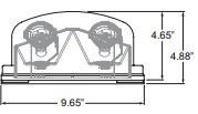 Dual-head remote emergency light dimensions: 9.65 in wide; height 4.65–4.88 in (body vs overall).