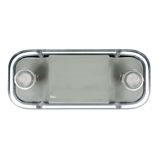 Hazardous-location LED emergency light – front view with dual MR-16 heads and gray housing