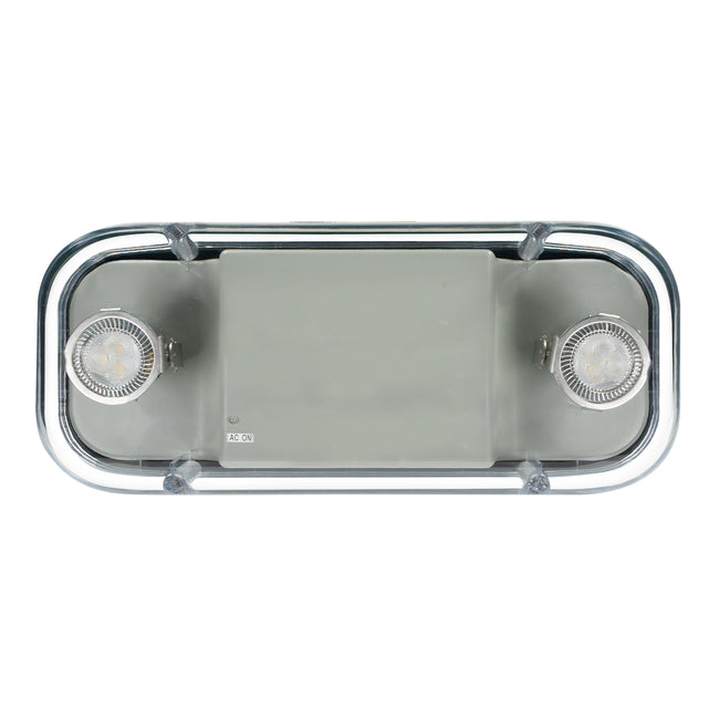 Hazardous-location LED emergency light – front view with dual MR-16 heads and gray housing