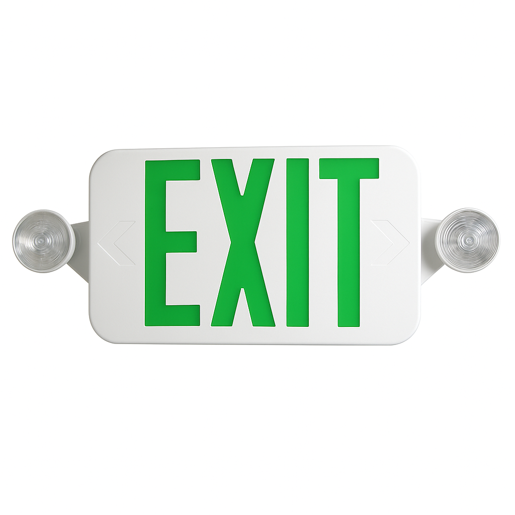 Green-letter LED EXIT sign combo with dual adjustable lamp heads, white housing