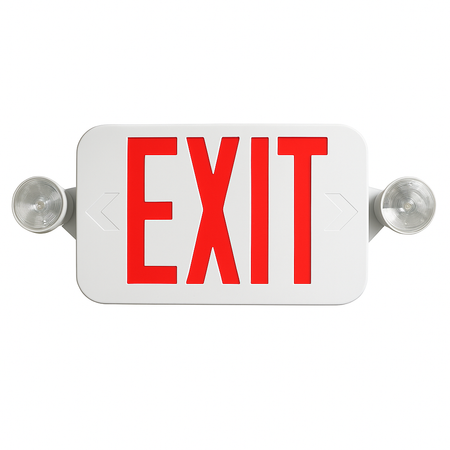 Red-letter LED EXIT sign combo with dual adjustable lamp heads, white housing