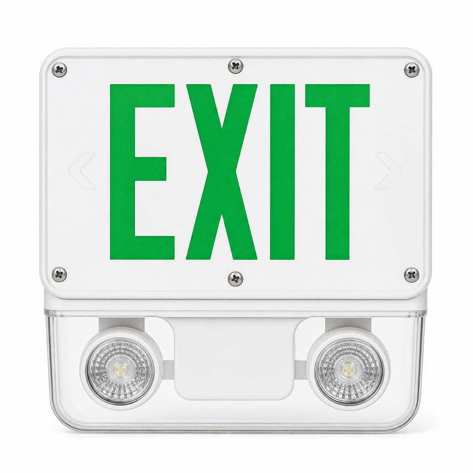 INDCWLEZU NEMA 4X NSF LED exit and emergency light combo with white housing and green EXIT letters