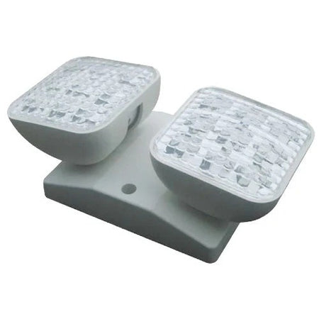 Dual-head LED remote emergency light, adjustable square prismatic lenses on white base