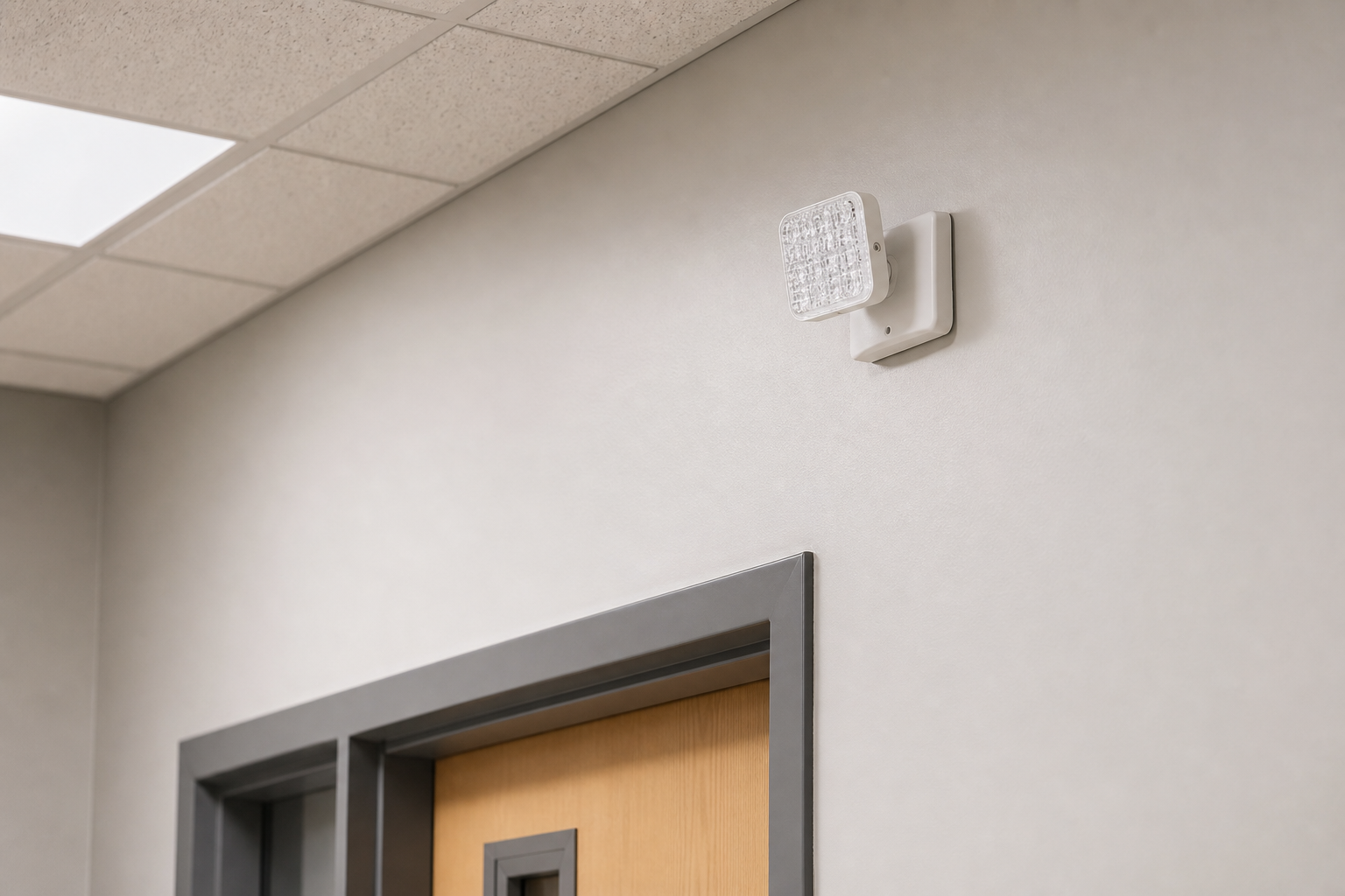 JLED square LED remote emergency lamp head installed on a commercial corridor wall