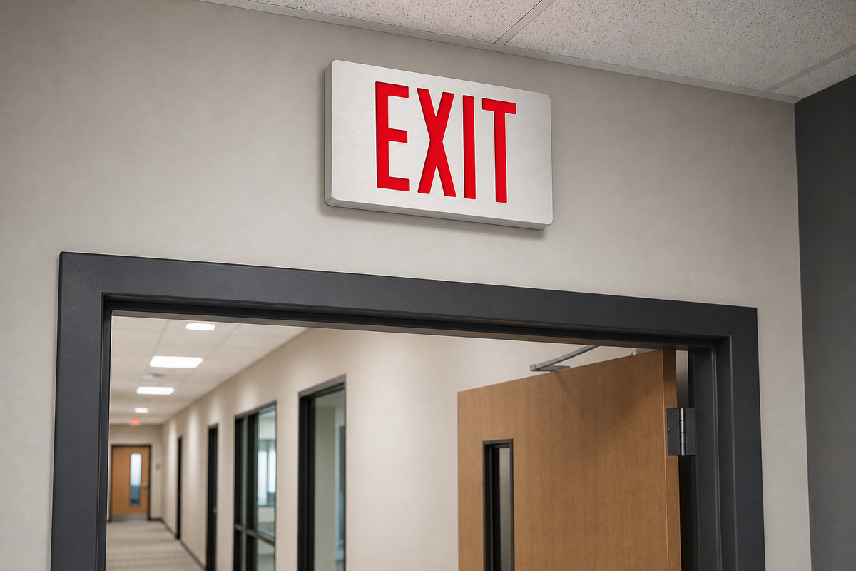 KXTEU thin die-cast aluminum LED exit sign installed above a commercial doorway
