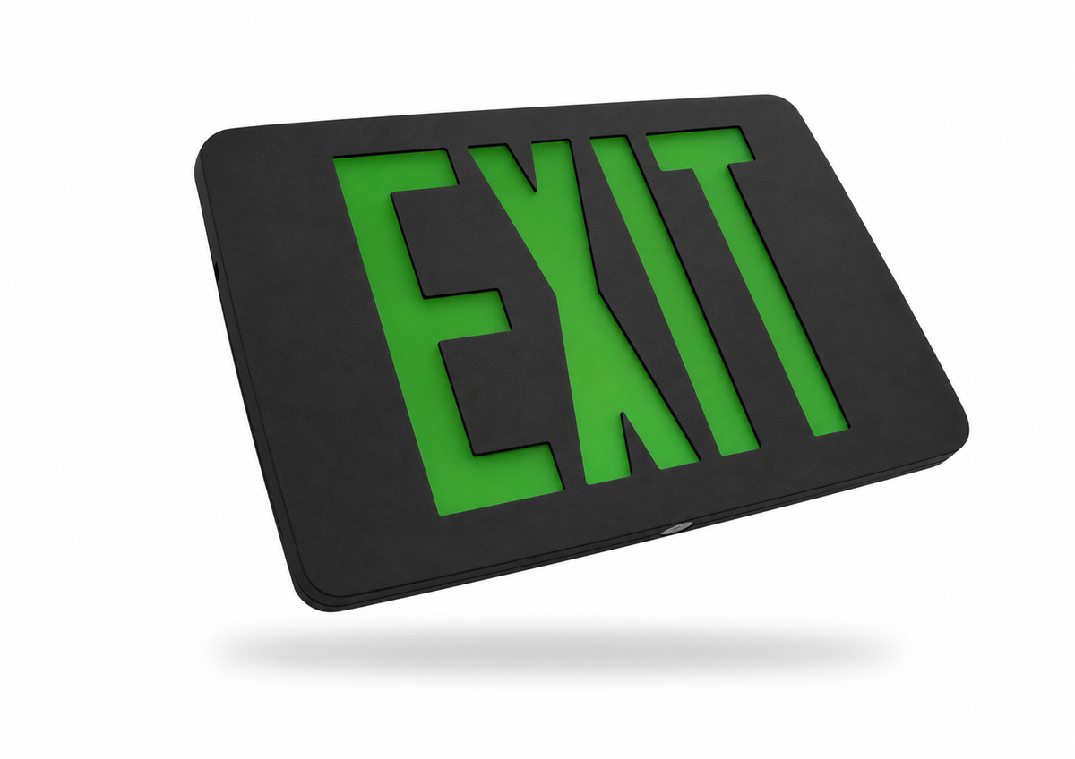 Best Lighting KZXTEU thin die-cast low profile LED exit sign with black housing and green EXIT letters