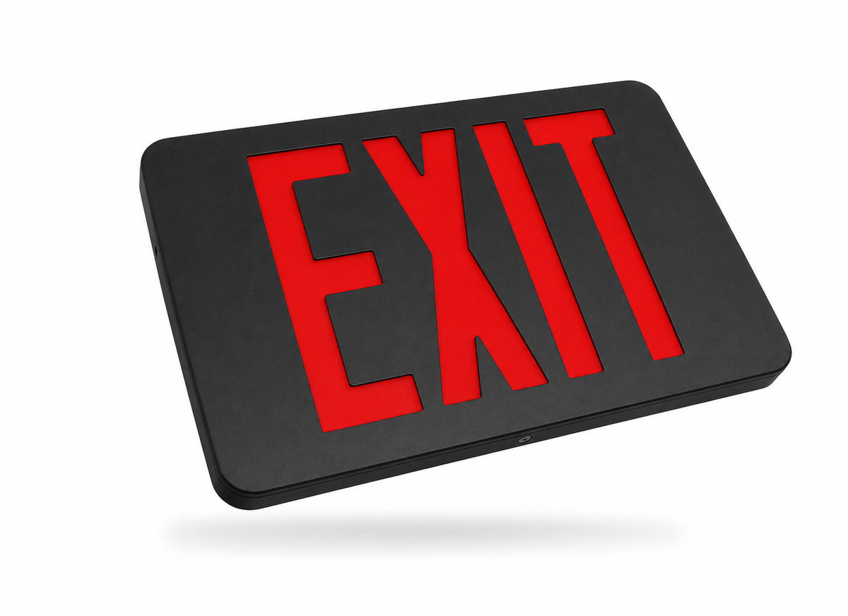 Best Lighting KZXTEU thin die-cast low profile LED exit sign with black housing and red EXIT letters