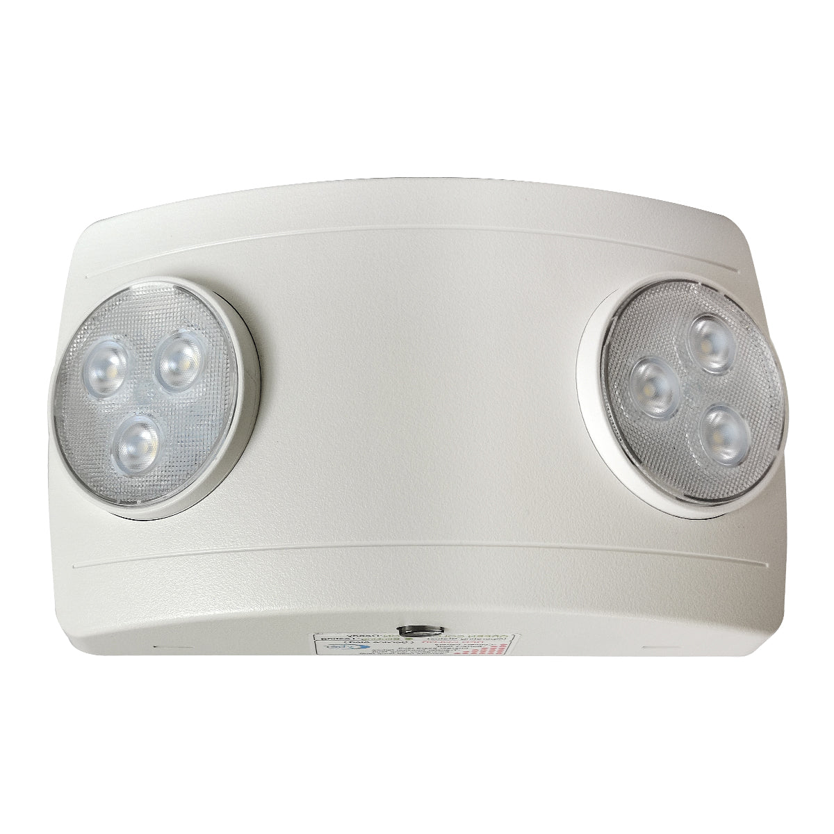 Ultracompact LED emergency light – front view with dual adjustable heads and test button