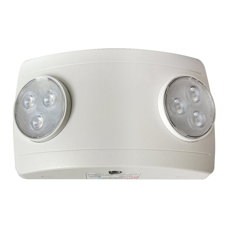 Ultracompact LED emergency light – front view with dual adjustable heads and test button