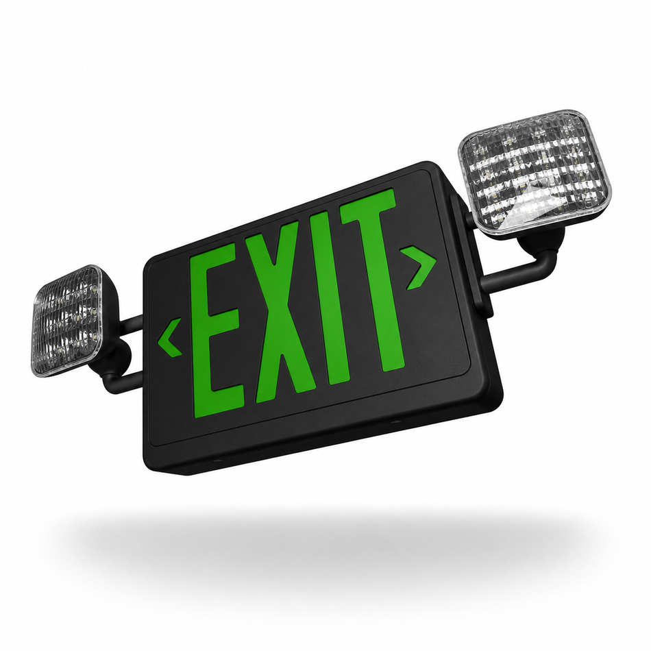 Best Lighting LEDCXTEU compact thermoplastic LED exit emergency combo with black housing and green EXIT letters