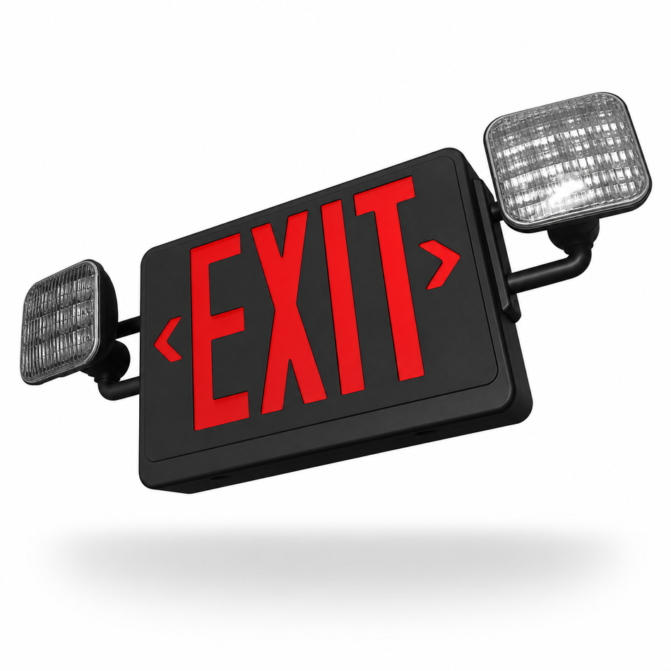 Best Lighting LEDCXTEU compact thermoplastic LED exit emergency combo with black housing and red EXIT letters