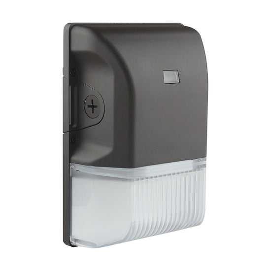 Front view of mini LED wall pack with bronze die-cast housing and prismatic lens
