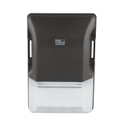 Back view of mini LED wall pack showing mounting plate with J-box alignment and conduit entries