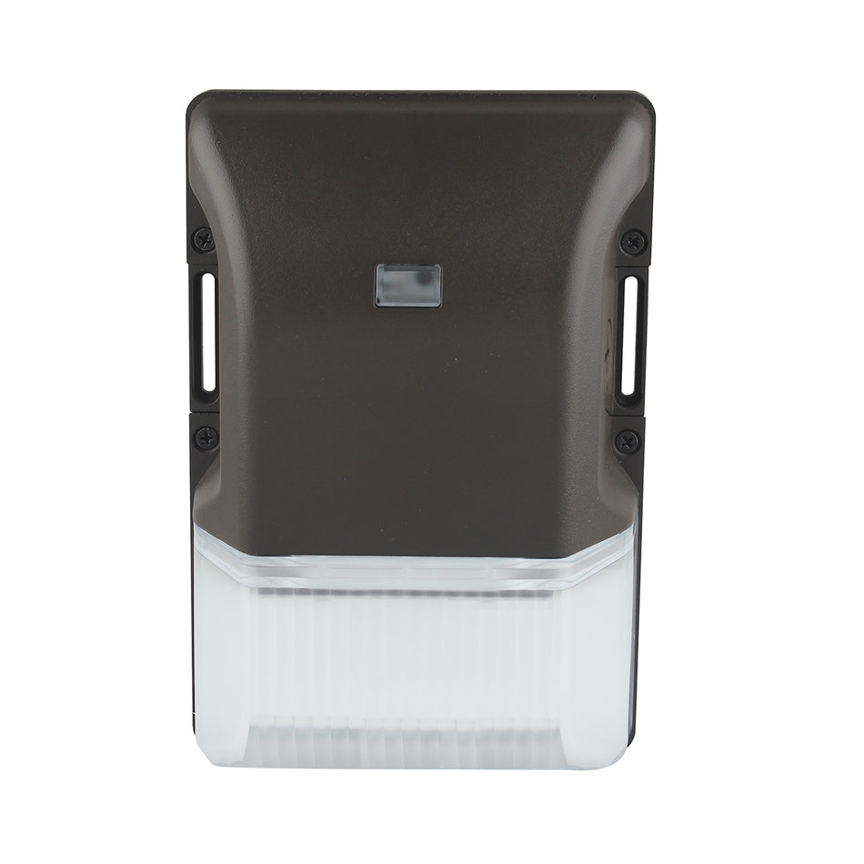 Back view of mini LED wall pack showing mounting plate with J-box alignment and conduit entries