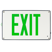 Vandal-resistant LED exit sign – front view with cast aluminum housing and green letters