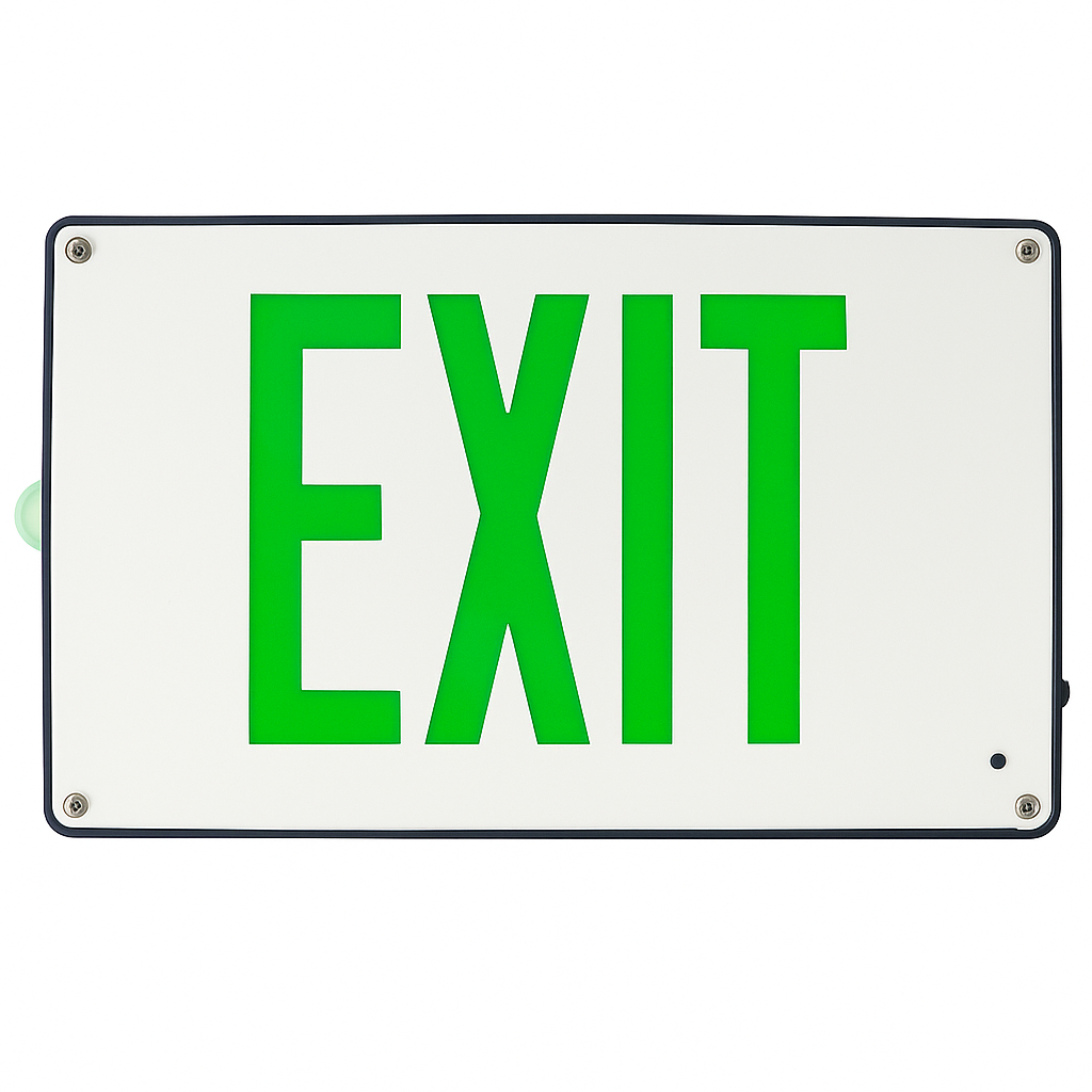 Vandal-resistant LED exit sign – front view with cast aluminum housing and green letters