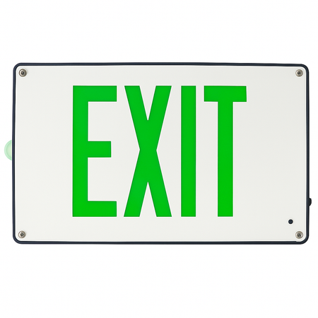 Vandal-resistant LED exit sign – front view with cast aluminum housing and green letters