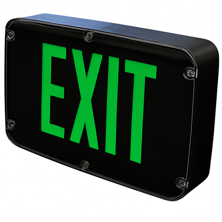 Green NEMA 4X LED exit sign with Black housing