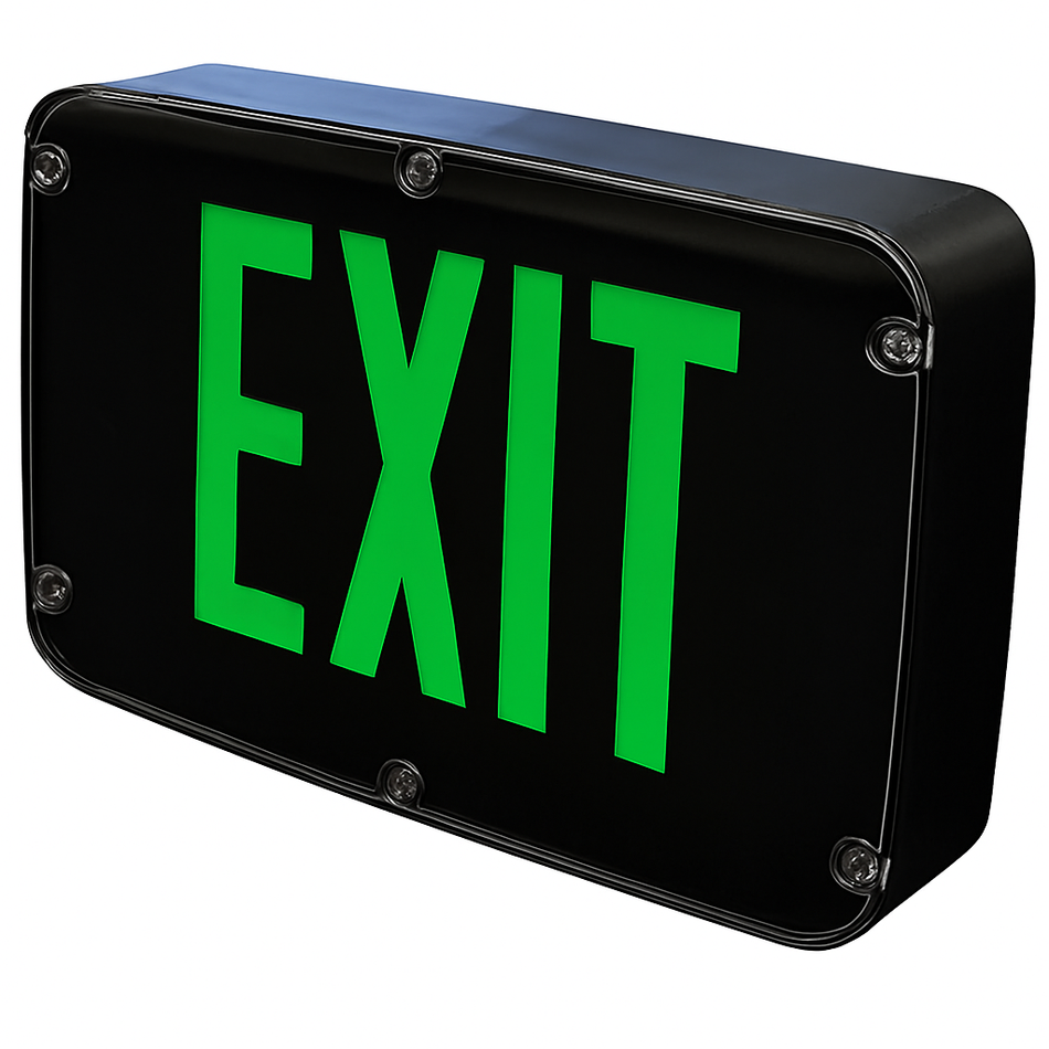 Green NEMA 4X LED exit sign with Black housing