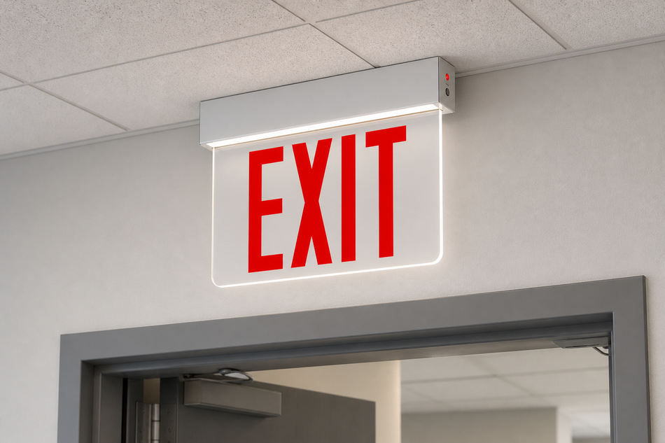 Installed New York City compliant edge-lit exit sign above an interior commercial doorway