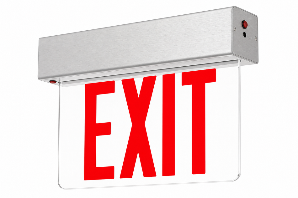 New York City compliant edge-lit exit sign with clear panel and brushed aluminum housing