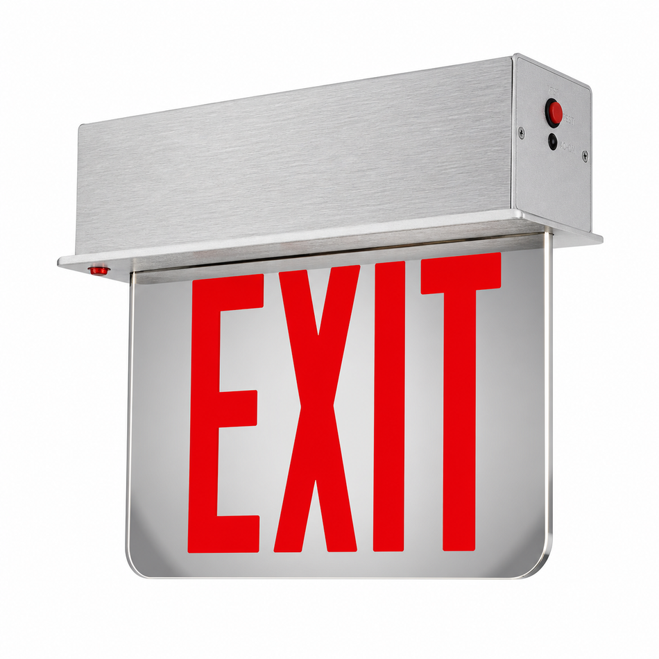 New York City compliant edge-lit exit sign with mirror panel and brushed aluminum housing