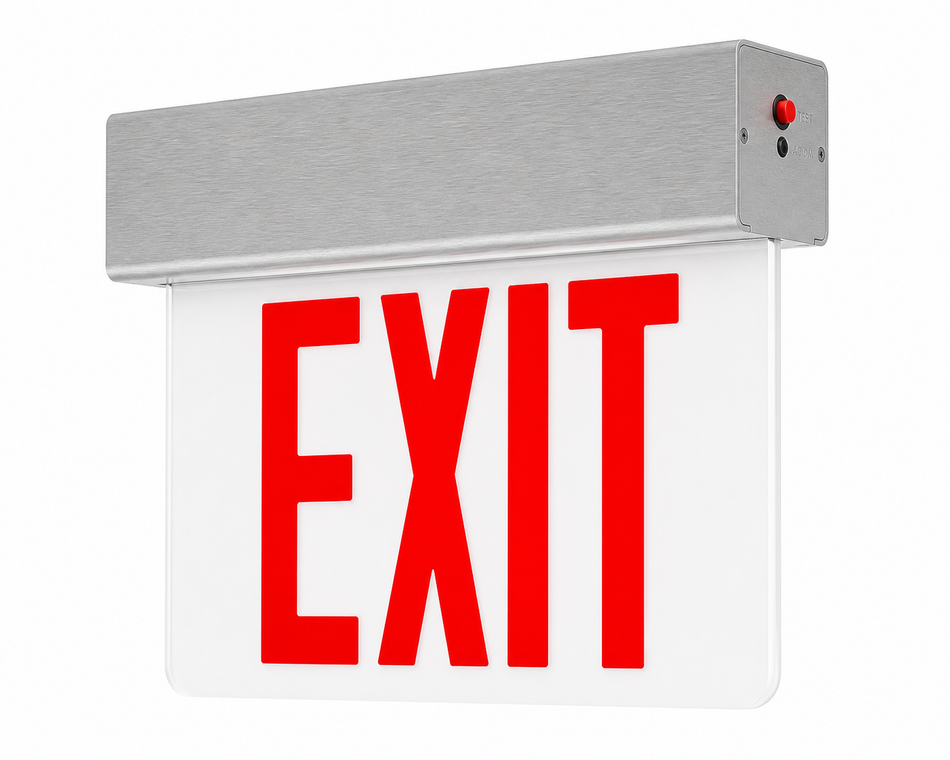 New York City compliant edge-lit exit sign with white panel and brushed aluminum housing