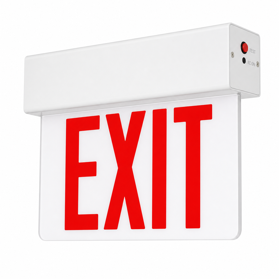 New York City compliant edge-lit exit sign with white panel and white housing