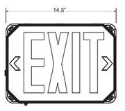 Front view dimensions: 14.5 in width, EXIT legend with left/right arrows and rounded-corner face