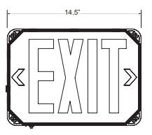 Front view dimensions: 14.5 in width, EXIT legend with left/right arrows and rounded-corner face
