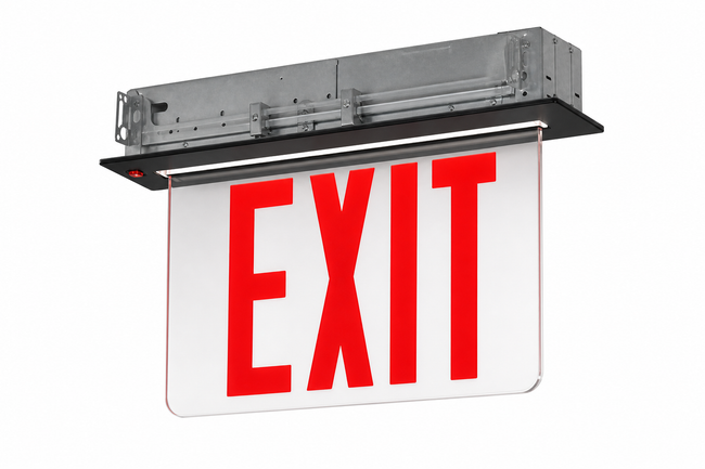 NYRELZXTE recessed NYC edge-lit exit sign with red letters, gray recessed can, black exposed trim plate