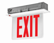NYRELZXTE recessed NYC edge-lit exit sign with red letters, gray recessed can, white exposed trim plate
