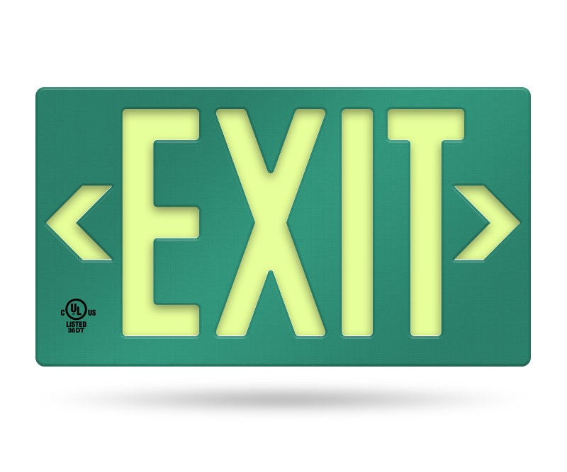 Photolumenescent Green Exit Sign - No Power - 100 Feet Viewing Distance