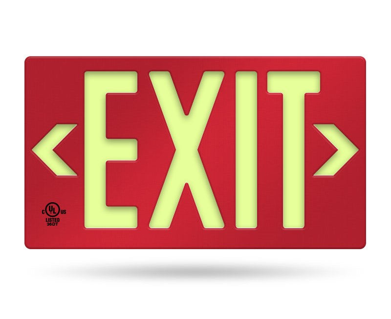 Photolumenescent Red Exit Sign - No Power - 100 Feet Viewing Distance
